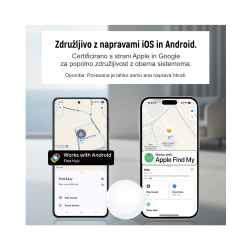 Pametni sledilnik, združljiv z Apple Find My in Android Find Hub, prikaz s telefoni in funkcijo sledenja lokacije.