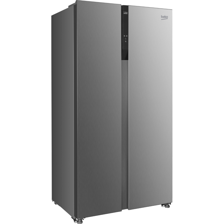 Sprednji pogled na hladilnik Beko GNO5322XPN z elegantnim inox zaključkom, dvokrilno zasnovo Side‑by‑Side in osrednjim upravljalnim prikazovalnikom na vratih