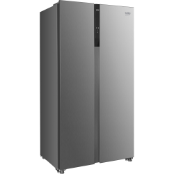 Sprednji pogled na hladilnik Beko GNO5322XPN z elegantnim inox zaključkom, dvokrilno zasnovo Side‑by‑Side in osrednjim upravljalnim prikazovalnikom na vratih