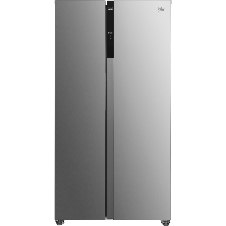 Beko ameriški hladilnik GNO5322XPN Side‑by‑Side v inox izvedbi z dvema navpičnima vratoma, zunanjim upravljalnim panelom in tehnologijo ProSmart Inverter