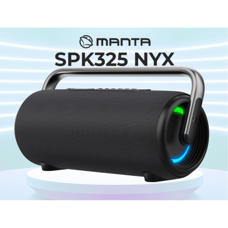 Manta SPK325 NYX z RGB osvetlitvijo, prikazan iz sprednjega kota na predstavitvenem podstavku.