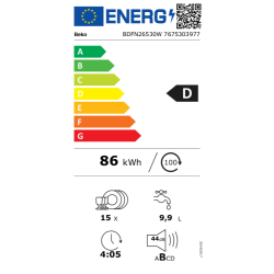 Energijska nalepka pomivalnega stroja Beko: razred D, 86 kWh/100 ciklov, 15 pogrinjkov, 9,9 L, 4:05, 44 dB.