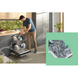 Moški v kuhinji zloži posodo v odprt pomivalni stroj; ob strani prikaz notranjosti in razporeditve košar.