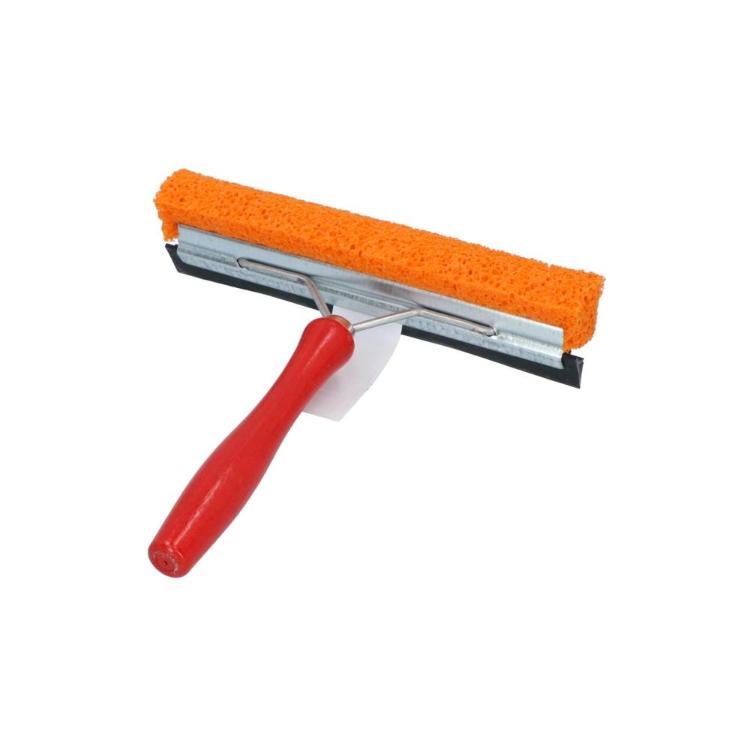 Čistilec za stekla z oranžno gobico, gumijastim brisalcem in rdečim ergonomskim ročajem.
