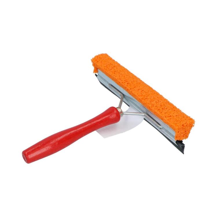Ročni čistilec za stekla z oranžno gobico, gumijastim brisalcem in rdečim ergonomskim ročajem pod kotom.
