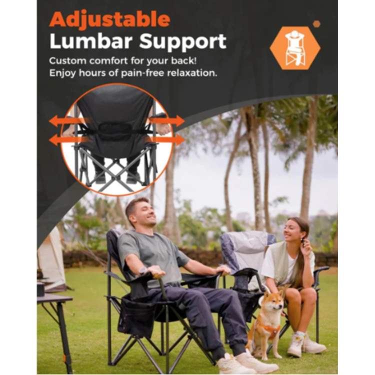 Prikaz nastavljive ledvene opore na kamping stolu KingCamp za večje udobje sedenja.
