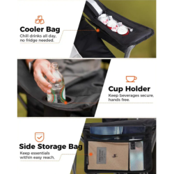 Detajli dodatkov kamping stola KingCamp, hladilni žep, držalo za pijačo in stranski shranjevalni žep.