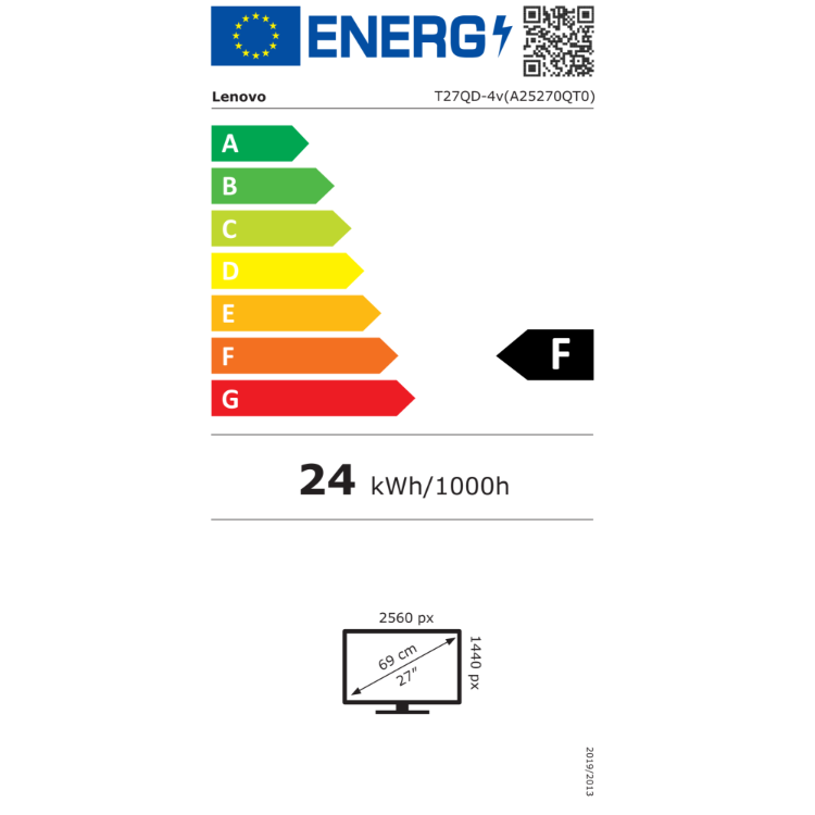 Energetska nalepka monitorja Lenovo ThinkVision T27QD-4v (A25270QT0) prikazuje energijski razred F, porabo energije 24 kWh na 1000 ur delovanja, diagonalo zaslona 27 palcev (69 cm) ter ločljivost 2560 × 1440 slikovnih pik (QHD).