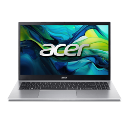 Srebrn prenosni računalnik Acer z odprtim zaslonom, prikazano barvno abstraktno grafiko in tipkovnico v ospredju