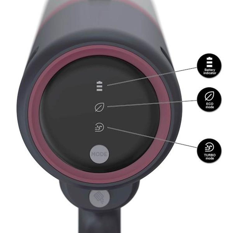 Upravljalni zaslon baterijskega sesalnika Hoover HFG10HX z indikatorjem baterije ter ECO in Turbo načinom.