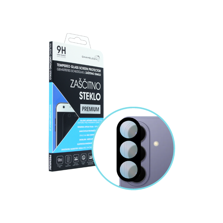 Embalaža zaščitnega stekla 9H Premium z izrezom za kamero; prikaz uporabe na Samsung S941 Galaxy S26.
