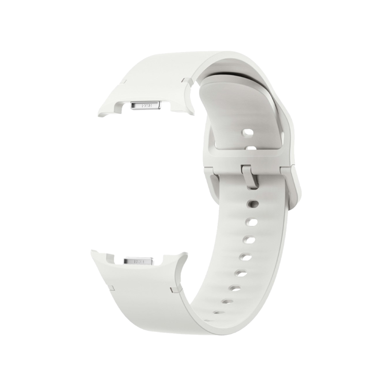 Pašček Samsung Galaxy Watch v beli barvi, notranji pogled z gladko površino in kovinskimi priključki.