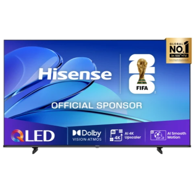 Televizor z ravnim zaslonom na stojalih, prikaz barvnega zaslona z logotipi QLED in Dolby Vision