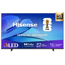 Televizor z ravnim zaslonom na stojalih, prikaz barvnega zaslona z logotipi QLED in Dolby Vision