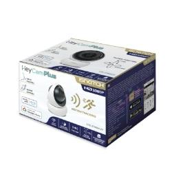 Embalaža motorizirane Wi‑Fi kamere iSnatch iHeyCam Plus Full HD 1080p s prikazom funkcij sledenja gibanju in mobilne aplikacije.