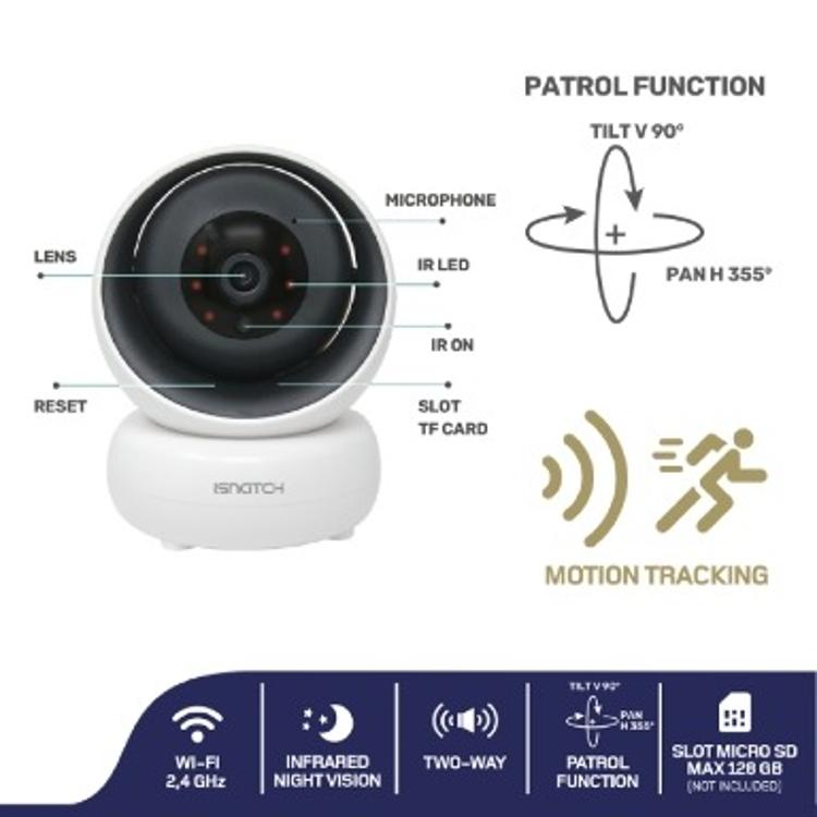 Prikaz funkcij motorizirane Wi‑Fi kamere iSnatch iHeyCam Plus, vključno z vrtenjem 355°, nagibom 90°, dvosmernim zvokom in sledenjem gibanju.