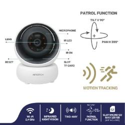 Prikaz funkcij motorizirane Wi‑Fi kamere iSnatch iHeyCam Plus, vključno z vrtenjem 355°, nagibom 90°, dvosmernim zvokom in sledenjem gibanju.