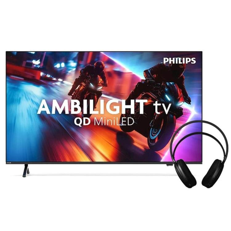 Philips Ambilight TV QD MiniLED s slušalkami – Philips TV z Ambilight osvetlitvijo, QD MiniLED sliko in priloženimi brezžičnimi slušalkami.