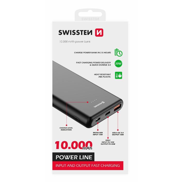 Prenosna baterija Swissten Power Line, 10.000 mAh, 20W PD