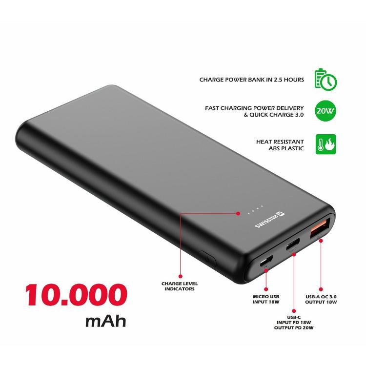 Prenosna baterija Swissten Power Line, 10.000 mAh, 20W PD