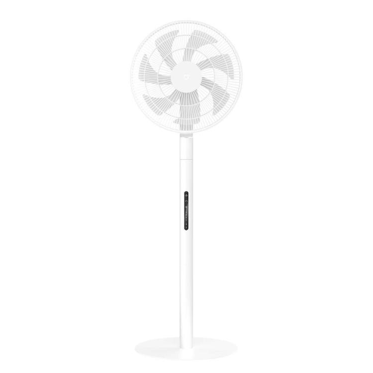 Zadnji pogled na Xiaomi Mijia Smart Standing Fan Pro Slim z navpično upravljalno ploščo na stojalu in zaščitno mrežo ventilatorja na zgornjem delu