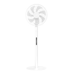 Zadnji pogled na Xiaomi Mijia Smart Standing Fan Pro Slim z navpično upravljalno ploščo na stojalu in zaščitno mrežo ventilatorja na zgornjem delu