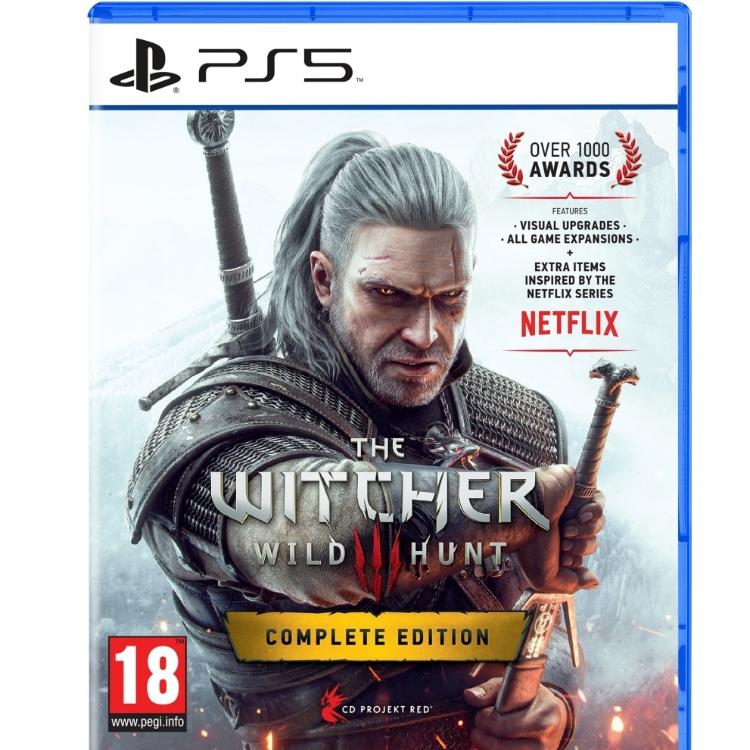 Igra The Witcher 3: Wild Hunt Complete Edition za PlayStation 5 v fizični embalaži, z glavnim likom Geraltom, vsemi razširitvami in oznako PEGI 18.