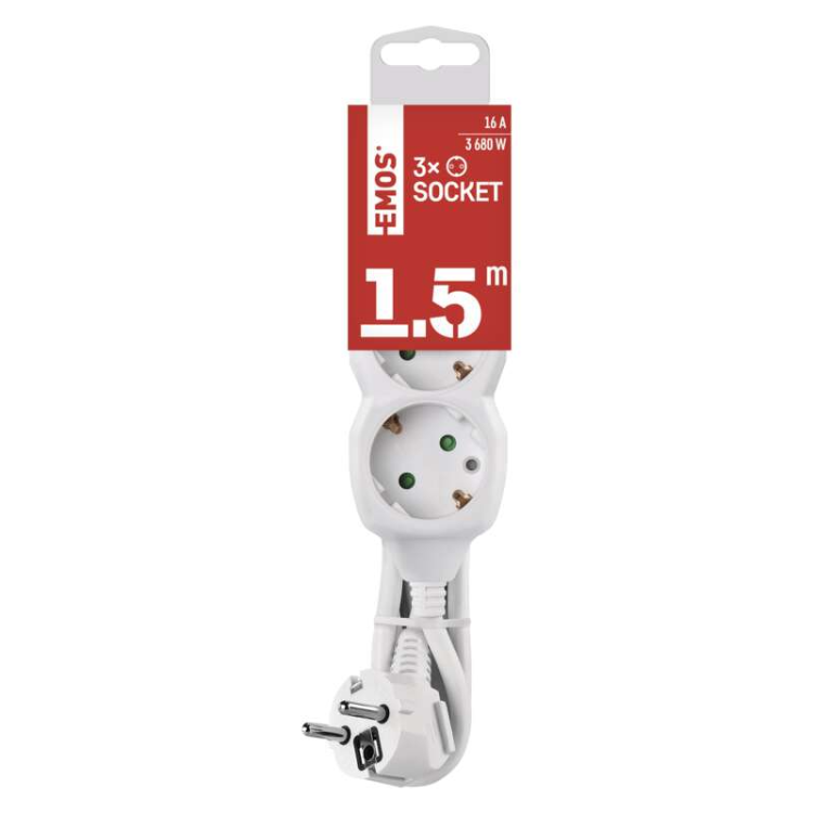 Podaljšek Emos 1,5 m / 3 vtičnice / beli / PVC / 1,5 mm2