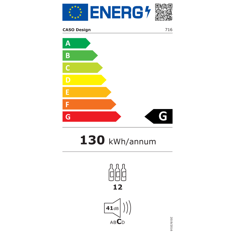 Energijska nalepka vinske vitrine z energijskim razredom G, letno porabo 130 kWh, kapaciteto 12 steklenic in glasnostjo delovanja 41 dB.