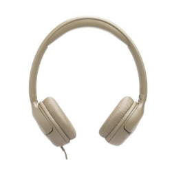 Bež JBL žične slušalke od spredaj, okrogle blazinice in lahek naglavni lok za udobno poslušanje.