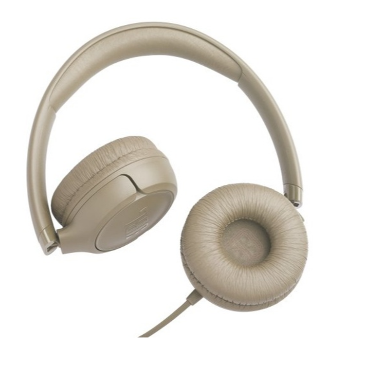 Bež JBL slušalke, zložene naploščato, mehke blazinice in kompaktna zasnova za enostavno shranjevanje.