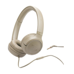 Bež JBL slušalke pod kotom, z 3,5 mm priključkom in upravljalnikom na kablu za priročno uporabo.