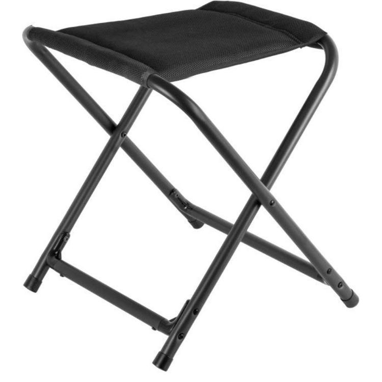 **Brunner zložljiv kamp stol brez naslonjala z jeklenim okvirjem in tekstilnim sedežem.