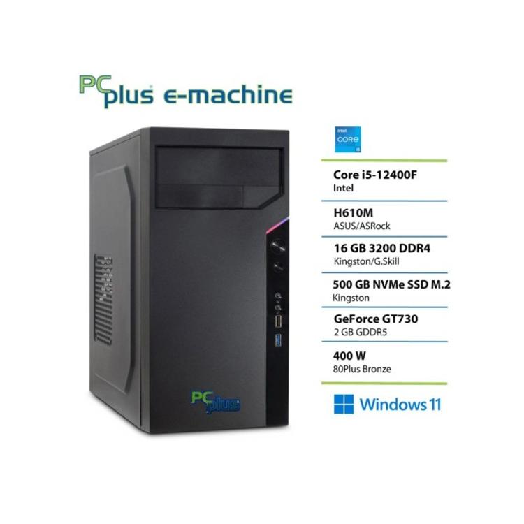 PC Plus e-machine namizni računalnik, fotografiran iz levega sprednjega kota v črnem ohišju.