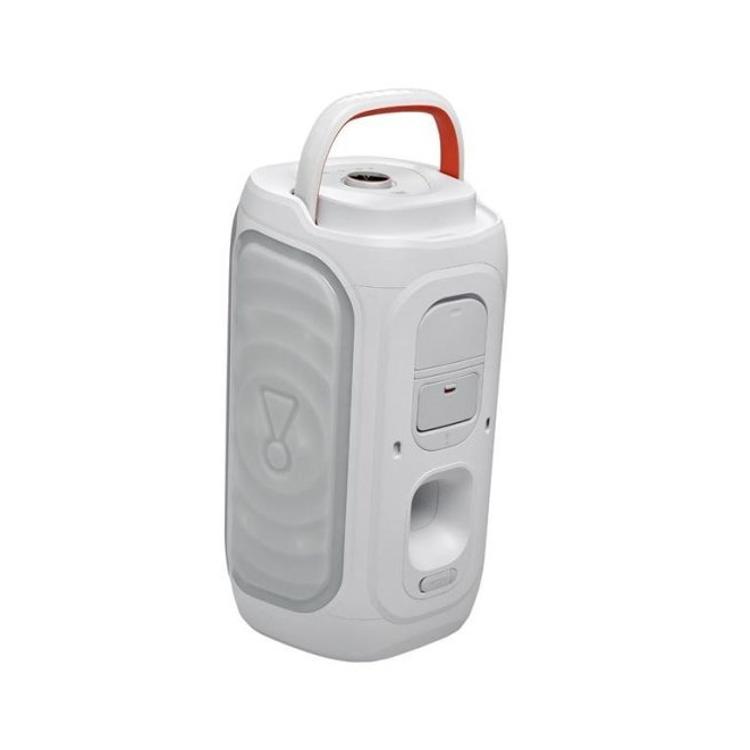JBL PartyBox 130 v beli barvi s prenosnim ročajem in pogledom na zgornje upravljalne elemente.