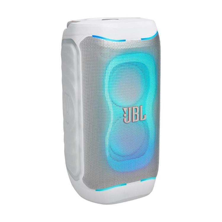 JBL PartyBox 130 spredaj z osvetljenim svetlobnim učinkom okoli zvočniških enot.