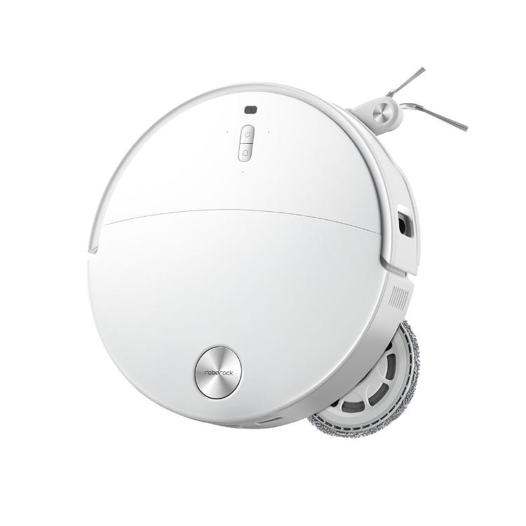 Bel robotski sesalnik Roborock, prikazan pod kotom z LiDAR navigacijo, sistemom Reactive AI in elegantnim minimalističnim dizajnom.