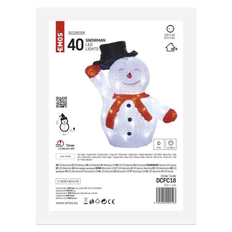 Božični snežak s klobukom LED, 36 cm, zunanji in notranji, hladna bela