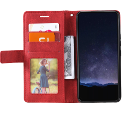 Rdeča preklopna torbica WLGO Lines za Honor 600 Smart z režami za kartice, prostorom za dokumente ter funkcijo denarnice.