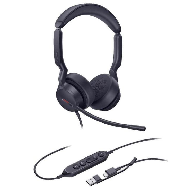 Tip: naglavne slušalke Povezljivost: žična Priklopi: USB-A, USB-C Mikrofon: da, frekvenčni odziv 100 Hz – 14 kHz Dolžina kabla: 1,5 m Barva: črna Masa: 162 g Garancija: 24 mesecev