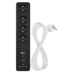 Podaljšek GoSmart 2 m / 4 vtičnice / s stikalom / USB, belo-črni