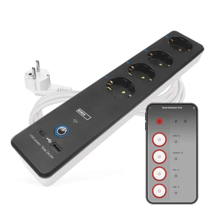 Podaljšek GoSmart 2 m / 4 vtičnice / s stikalom / USB, belo-črni
