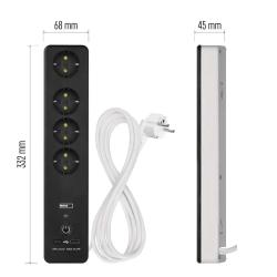 Podaljšek GoSmart 2 m / 4 vtičnice / s stikalom / USB, belo-črni
