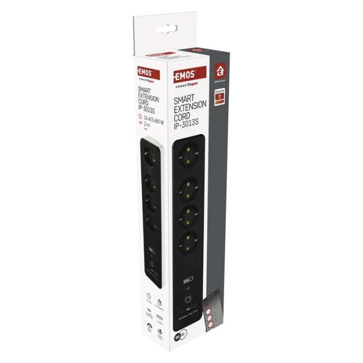 Podaljšek GoSmart 2 m / 4 vtičnice / s stikalom / USB, belo-črni