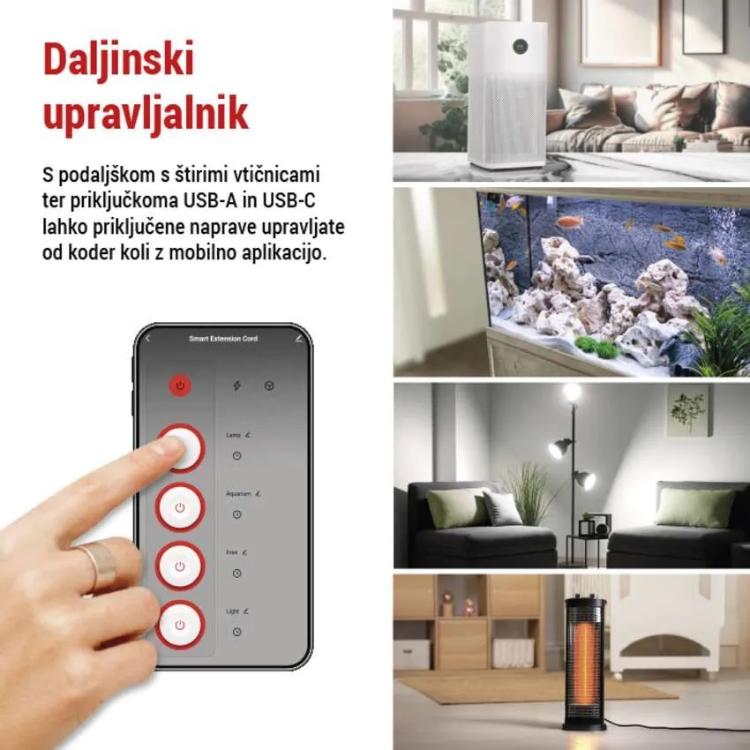 Podaljšek GoSmart 2 m / 4 vtičnice / s stikalom / USB, belo-črni