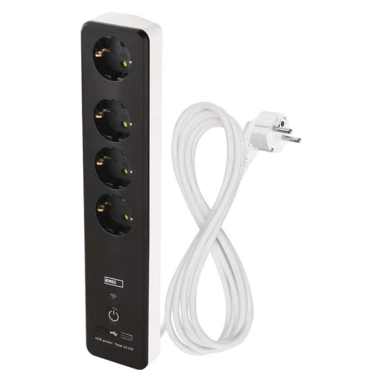 Podaljšek GoSmart 2 m / 4 vtičnice / s stikalom / USB, belo-črni