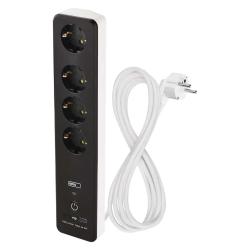 Podaljšek GoSmart 2 m / 4 vtičnice / s stikalom / USB, belo-črni