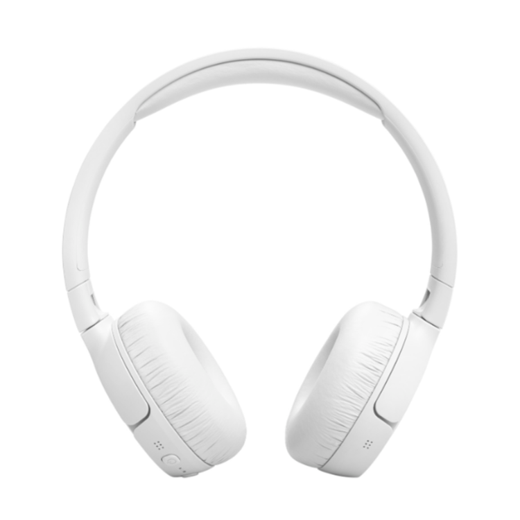 Bele naglavne slušalke JBL, prikazane od spredaj, z mehko oblazinjenimi okroglimi blazinicami