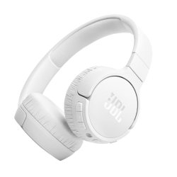 Bele naglavne slušalke JBL z mehkim lokom, stranskimi gumbi in oblazinjenimi ušesnimi blazinicami.