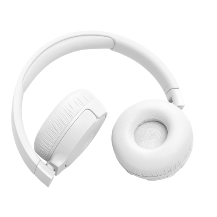 Bele slušalke JBL, delno zložene, z označeno desno blazinico in udobnim oblazinjenim lokom.